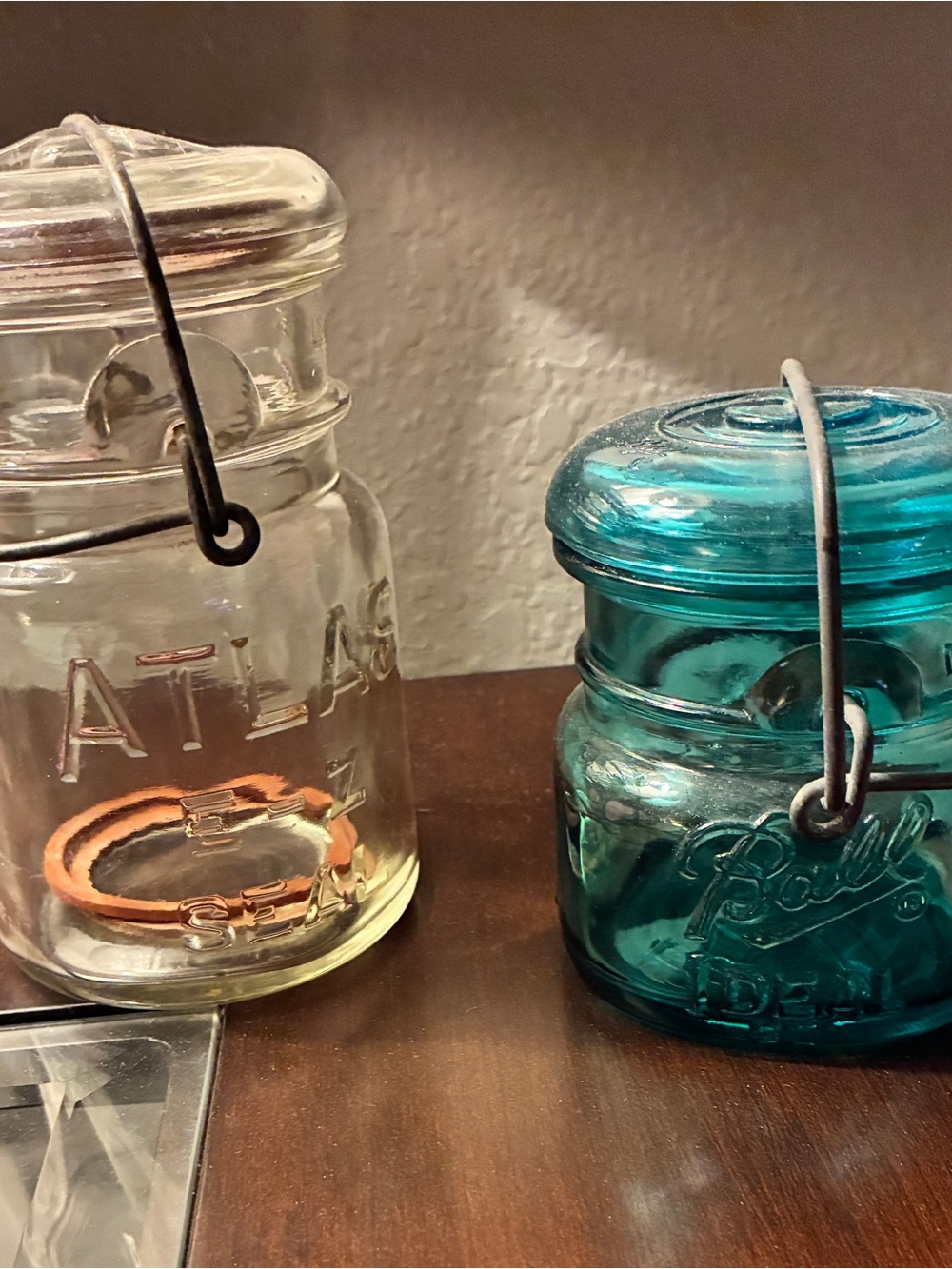 ✨Vintage Glass Canister Pair - Clear & Teal Ball/Atlas Style
